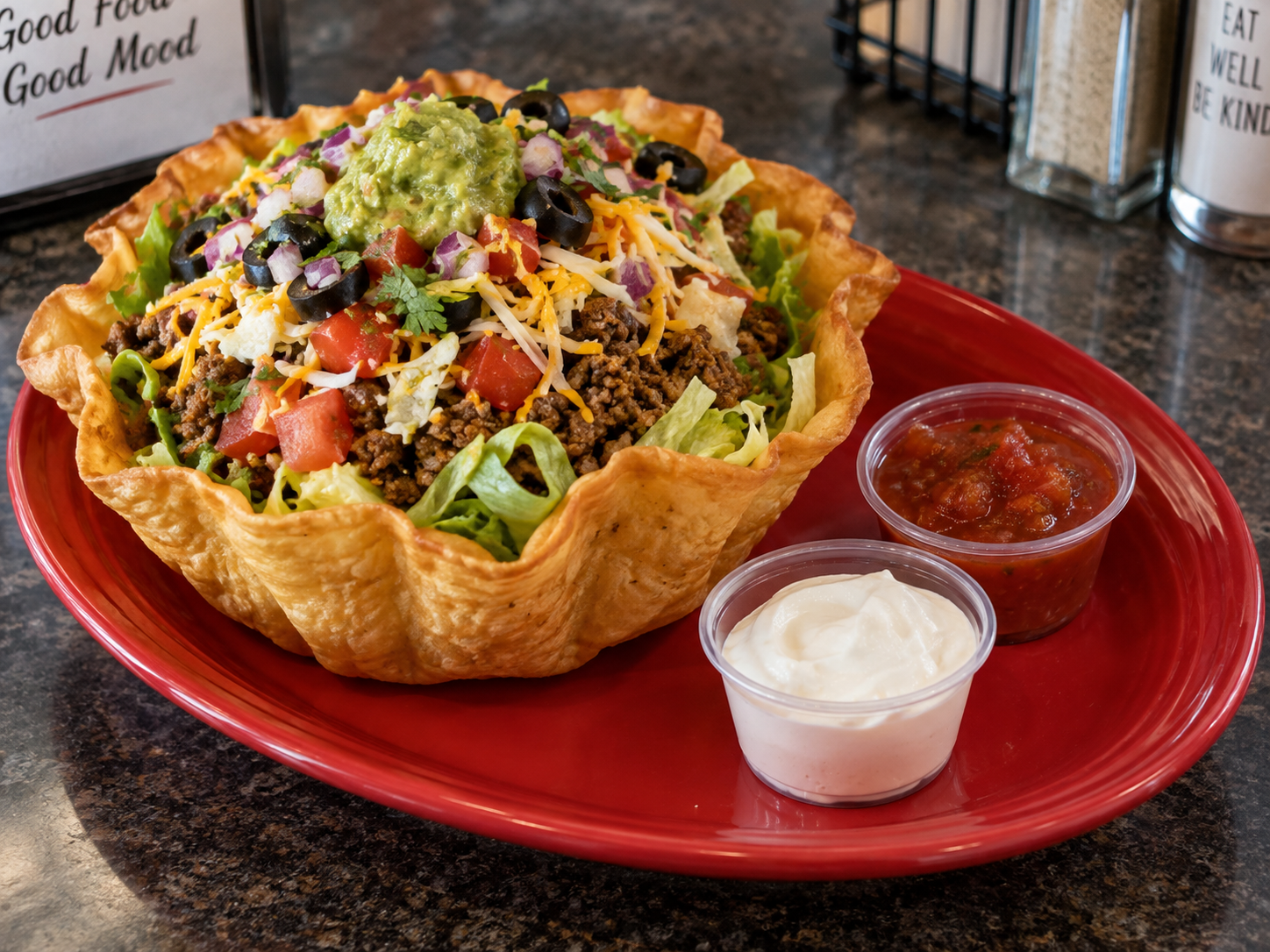 Taco salad with salsa and sour cream